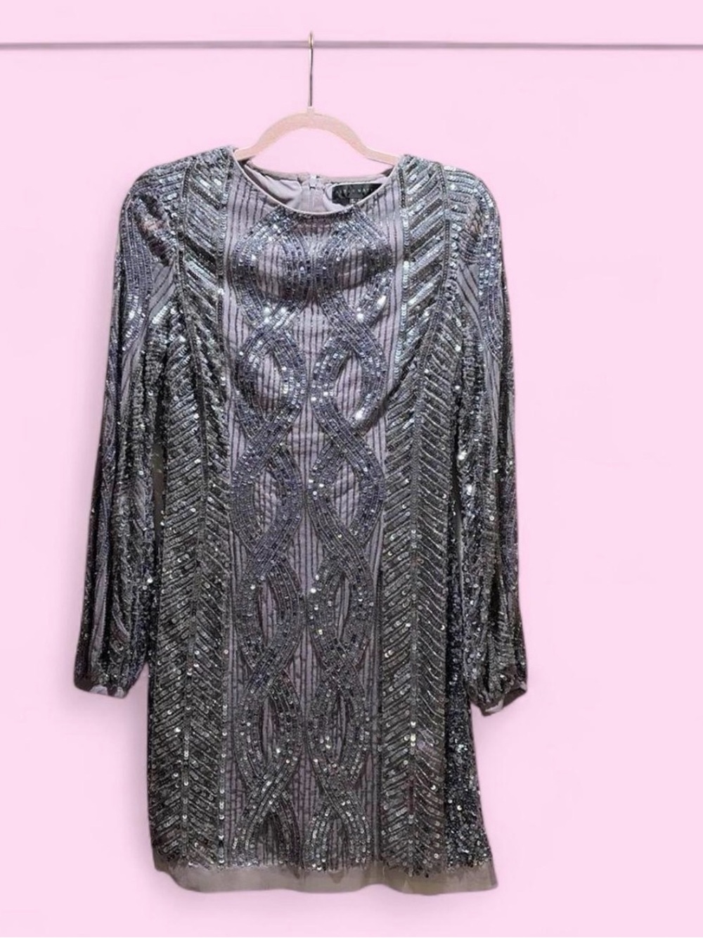 Aidan Mattox Silver Sequin Long-Sleeve Beaded Dress